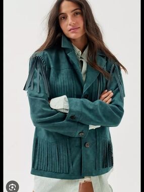 Urban Outfitters Teal Fringe Suede Jacket with Button Front